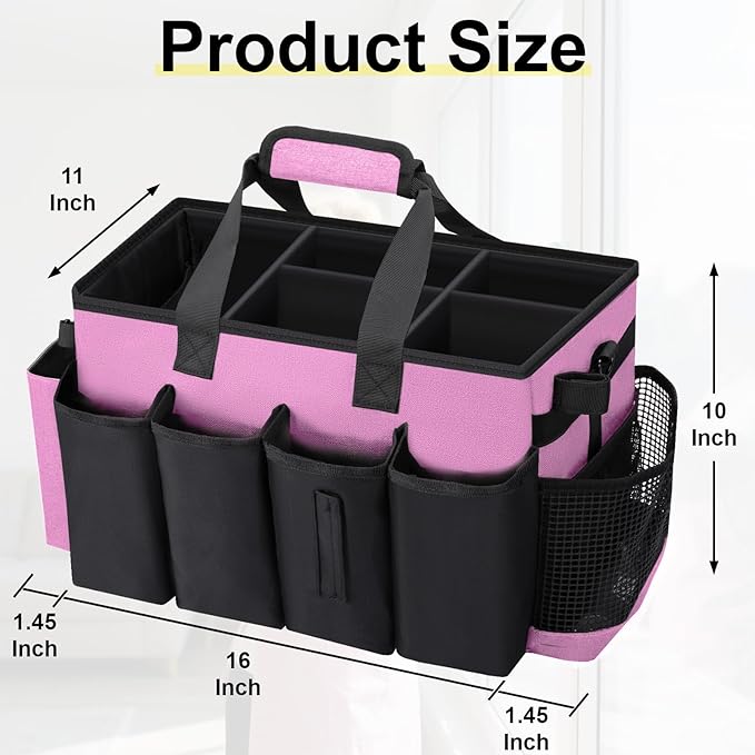 Wearable Large Cleaning Caddy Bag for Housekeeper, Clean Supply Organizer with Adjustable Shoulder, Waist & Handle Straps, Detailing Bag for Kitchen Supplies (Pink)