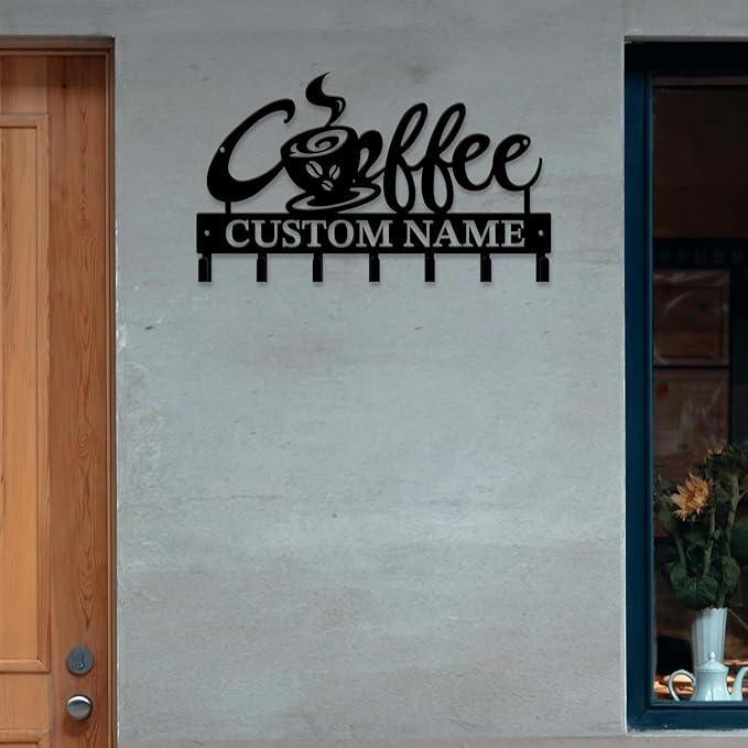 Personalized Custom Name Coffee Bar Wall Keys Hooks,Metal Coffee Shop Art Clothes Hooks,Metal Coffee Lover Wall Home Storage Decorative,For Front Door, Hallway, Kitchen, Bedroom,Keys,Hats (Style J)