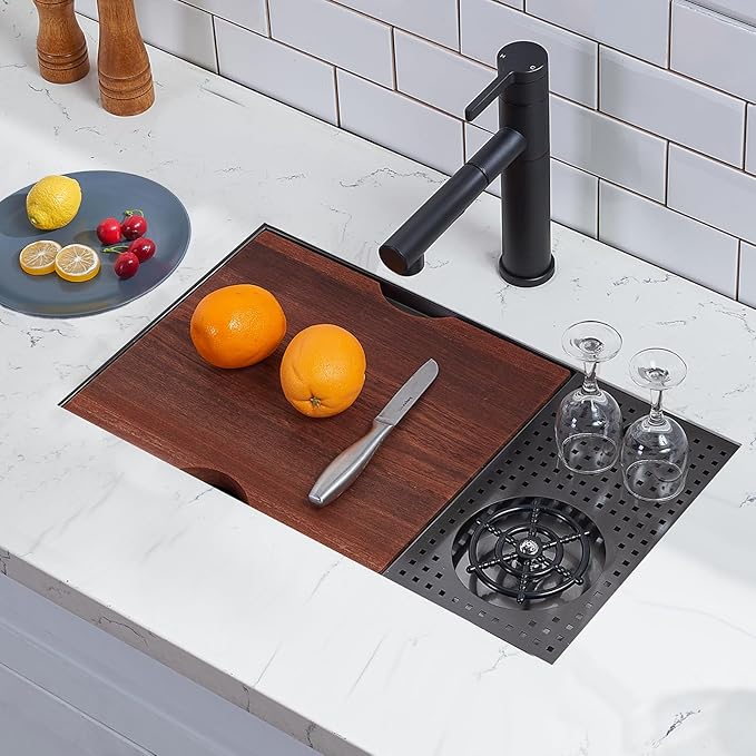 VCCUCINE 23 Inch Gunmetal Black Undermount Bar Sink with Glass Rinser,23x14 RV Small Kitchen Sink Stainless Steel Workstation Wet Bar Sink,16 Gauge Single Bowl Outdoor Prep Sink with Cutting Board