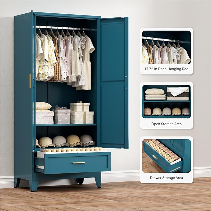 COFaR Metal Armoire Wardrobe Closet with Drawer, 71'' Tall Farmhouse Bedroom Armoires with Doors and Hanging Rod, Freestanding Steel Wardrobe Cabinet Coat Closet for Bedroom, Peacock Blue