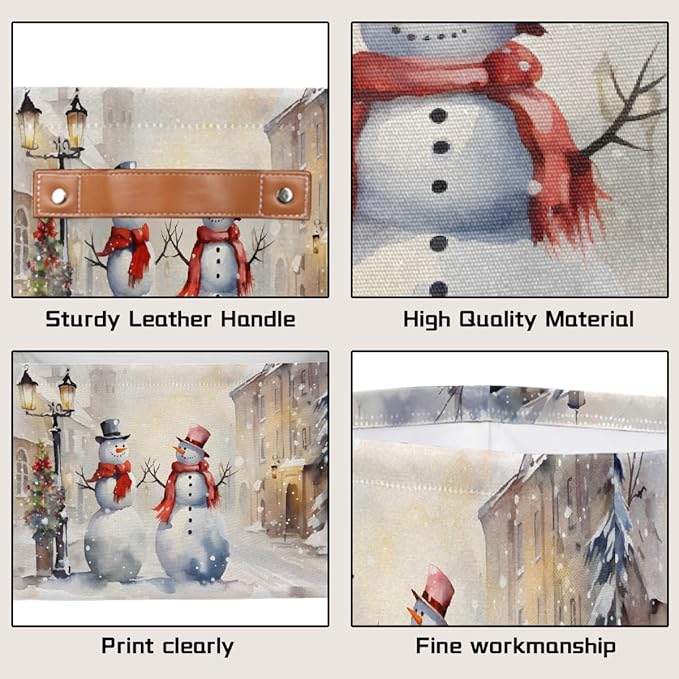 Storage Baskets Bin, Christmas Winter Snowman Collapsible Canvas Fabric Storage Bin Decorative Baskets Toy Organizer Rectangle Storage Boxes with Handles for Home Shelves Nursery, J-018