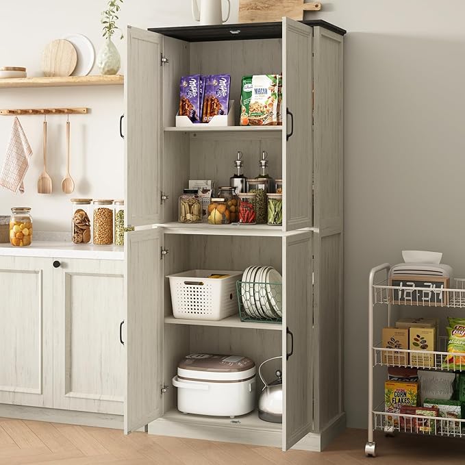 71'' Tall Pantry Cabinet Set of 2, Farmhouse Kitchen Pantry Storage Cabinet with Barn Door and Adjustable Shelves, Rustic White Wood Freestanding Cupboard for Kitchen, Dining Room