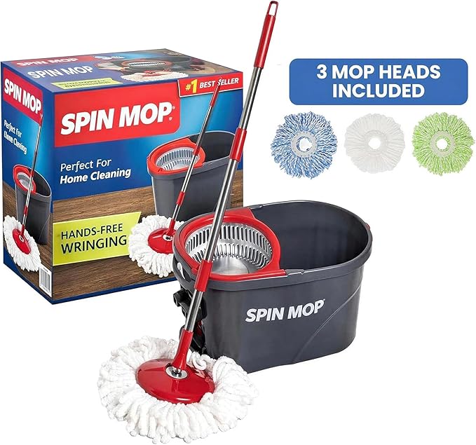 SIMPLI-MAGIC 79349 Spin Mop Cleaning System with 3 Microfiber Mop Heads, Red/GRAY,Red/Black