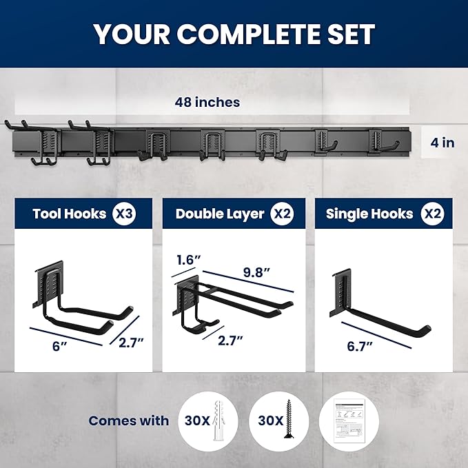 SUKIZZ 48'' All-Metal Garage Tool Organizer Wall Mount – Heavy-Duty Tool Rack Holds 450 lbs, Adjustable Hooks for Garage, Yard, and Garden Equipment