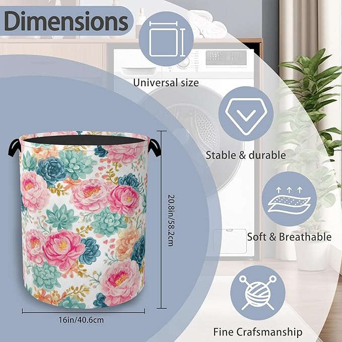 Succulent Plant Laundry Basket,Pink Flowers Oxford Cloth Laundry Hamper with Handle Foldable Portable Clothes Storage Basket for Bathroom Bedroom Dorm Room 16" x 20.8"