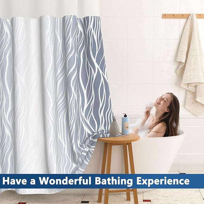 Ombre Light Blue Striped Shower Curtain with Liner, Aesthetic Hotel Luxury Bathroom Curtains, Modern Geometric Minimalist Double Layers No Hook Shower Curtain, Washable Waterproof Fabric, 71x74 inch