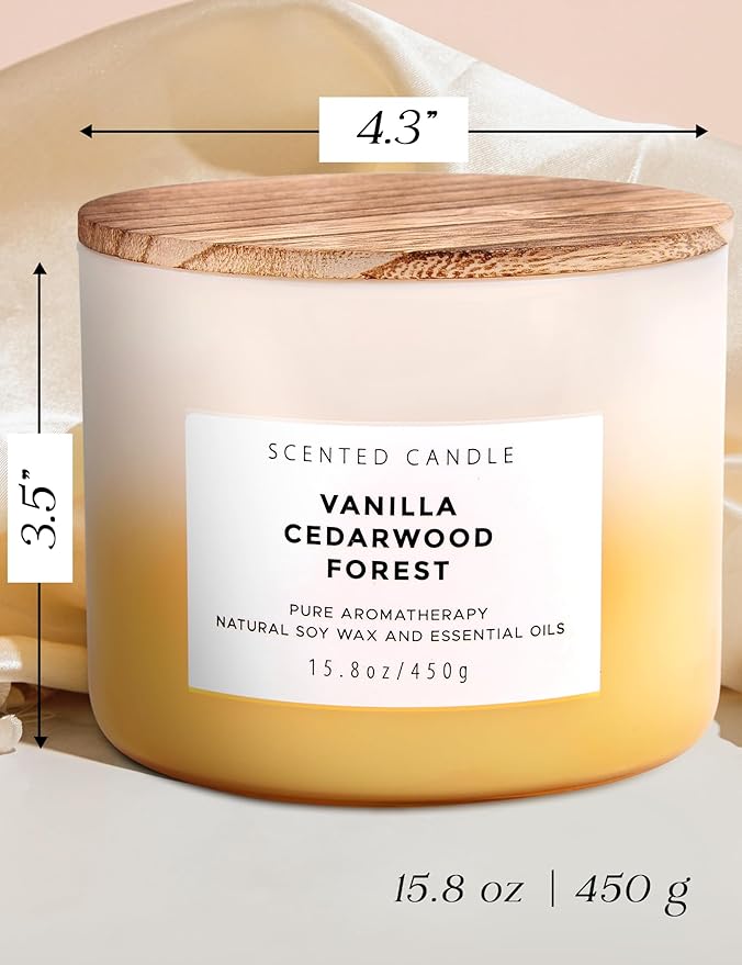Vanilla Cedarwood Candle 3 Wick Soy Candles for Home Scented, Large 15.8oz Warm Cozy Vanilla Cedar Woods, Relaxing Aromatherapy Candle, Long Lasting Clean Burn, Living Room Bedroom Spa Gift