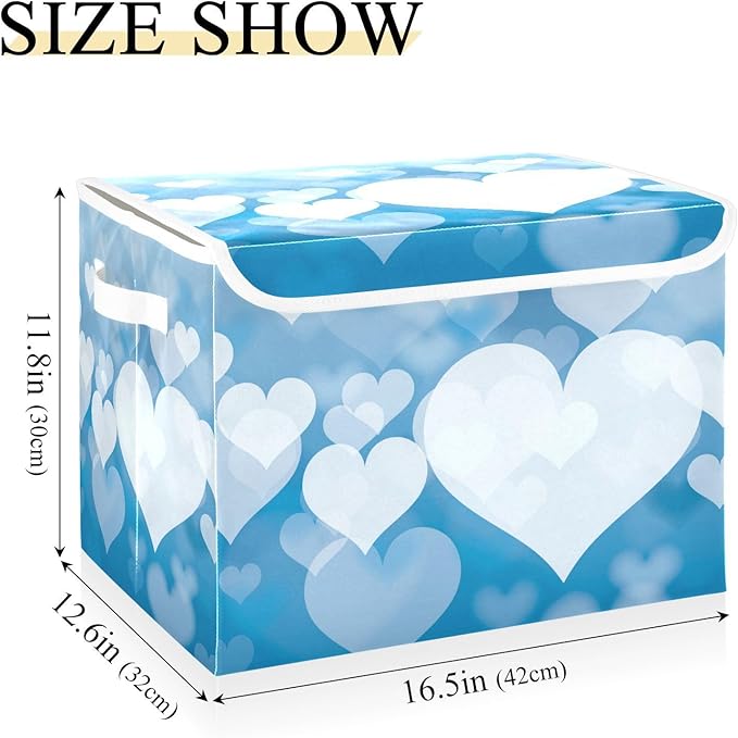 senya Valentines Baskets Collapsible Storage Bins with Lids, Blue Abstract Heart Storage Boxes Clothes Baskets for Organizing