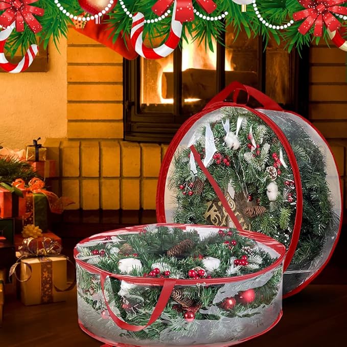 ProPik Christmas Wreath Storage Bag 30" - 2 Pack Clear Christmas Wreath Storage Container - Garland Holiday Artificial Wreath Storage Holder - Water Proof Transparent Clear PVC (30 Inch, Red)