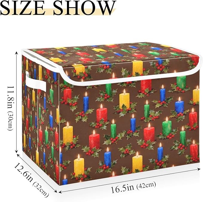 Christmas Candles Holly Berries Storage Bins with Lids Foldable Storage Basket with Handles Collapsible Large Fabric Organizer Containers for Clothes Shelves Closet Office Home
