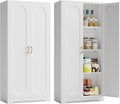Metal Storage Cabinet with 3 Adjustable Shelves, 60" Tall Kitchen Storage Cabinet with Gold Handles, White Pantry Cabinets for Kitchen, Living Room, Hallway - Assembly Required