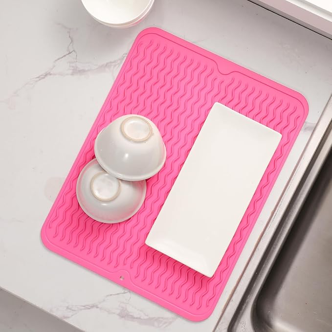 MicoYang Silicone Dish Drying Mat for Multiple Usage,Easy clean,Eco-friendly,Heat-resistant Silicone Mat for Kitchen Counter or Sink,Refrigerator or drawer liner Rose L 16 inches x 12 inches