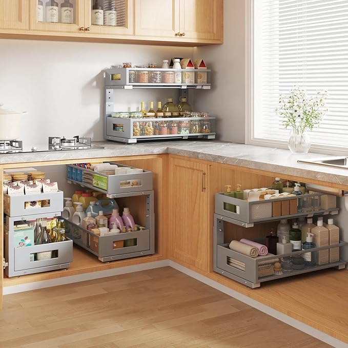 1 Pack 19IN Depth Under Sink Organizer, 2-Tier Pull Out Cabinet Organizer With Smooth Circular Rail, Large Capacity Metal Mesh Sliding Drawers For Bathroom& Kitchen Storage,Height Adjustable-Gun Gray