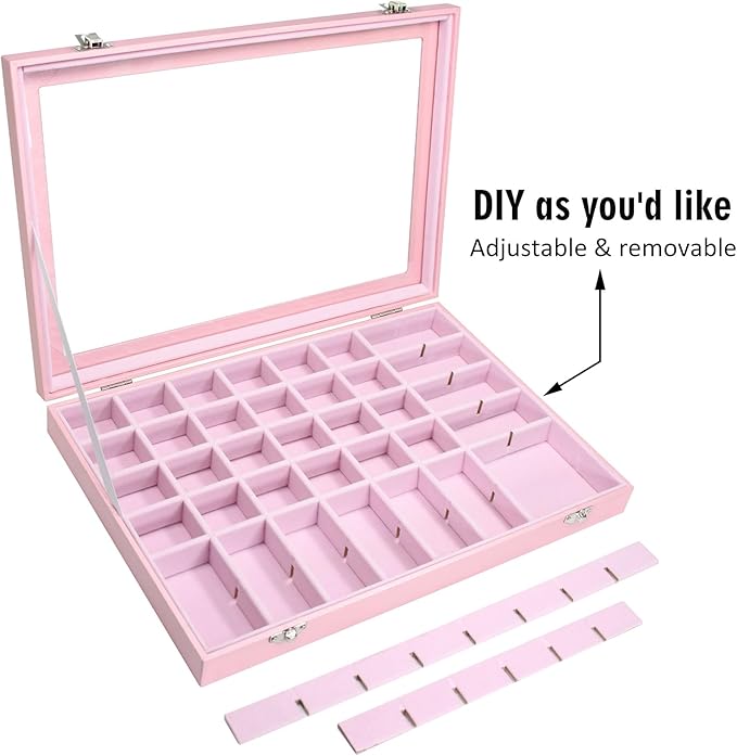 Jewelry Tray Organizer Box 48 Grid Jewelry Display Organizer Box with Transparent Lid Rings Earrings Necklaces Pendants Display Box Suitable for Women and Girls (48 Grid, Pink)