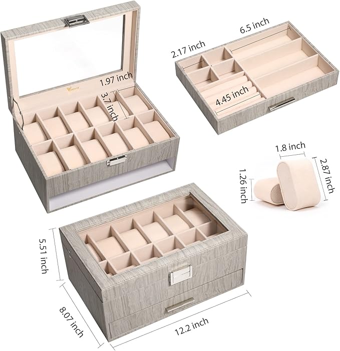 Voova Watch Jewelry Box Organizer for Men Women,12 Slot Leather Watch Storage Case Display Holder with Jewelry Drawer, Removable Watch Pillows, Large Glass Lid for Watches, Sunglasses,Rings,Wood Grey