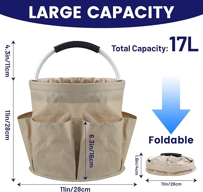 Cleaning Caddy with Handle and 6 Pockets, 17L Cleaning Supplies Organizer, 600D Oxford Fabric Storage Basket, Multifunctional Bucket Bag for Picnics, Camping, Gardening, Bathing (Khaki)