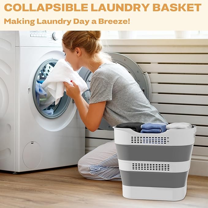 OOAMBB 43L+43L Collapsible Laundry Baskets plastic, Pop Up Laundry hamper/Storage Container, Foldable Laundry Basket with Handles, Durable,Space Saver (Grey, 2 Packs)