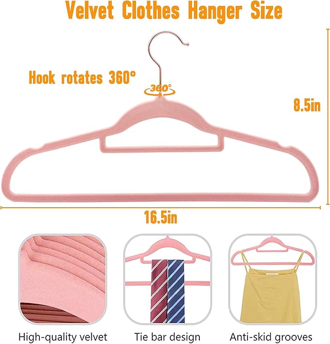 Pink Velvet Hangers 30 Pack - Rose Gold Hook, Space Saving Non-Slip Clothes Hangers, 16.5 Inch with Tie Bar for Coats,Sweater,Jackets,Dresses, Shirts, Suits & T-Shirts
