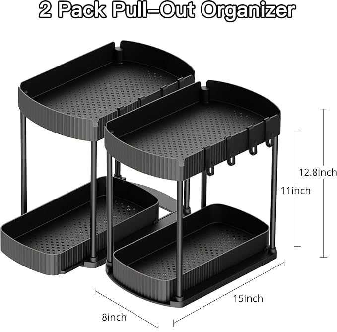 Multi-Purpose Pull-Out Storage Organizers, Under Sink/Cabinet Organizers and Storage for Bathroom & Kitchen, Black, 12.8 Inches, 2 Packs