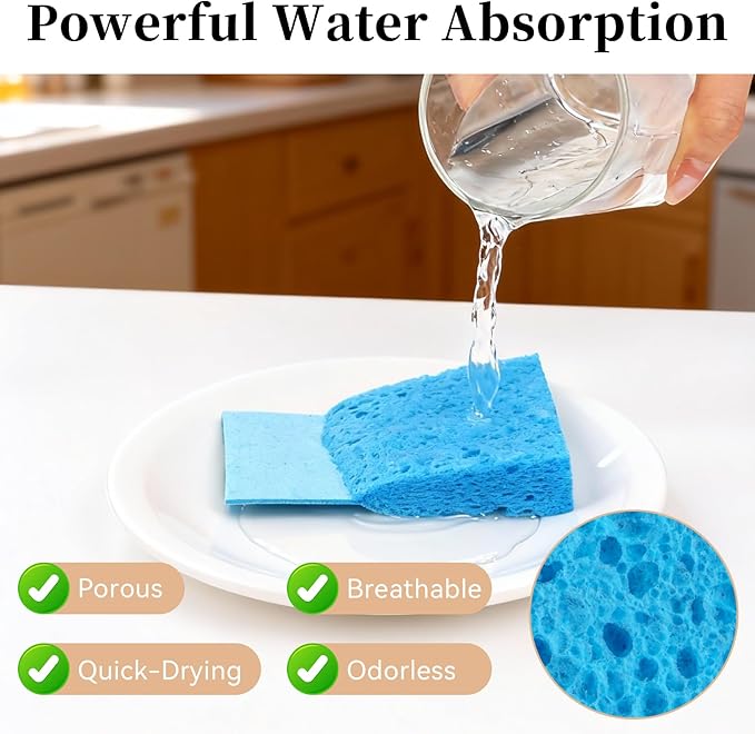 Mkobon 6 Pcs Kitchen Sponges for Dishes Cleaning, Non Scratch for Non Stick Cookware, Compressed Natural Cellulose Sponges, Dish Washing Scrubbers, Scrubbing Pads for Household, Bathroom (Blue)