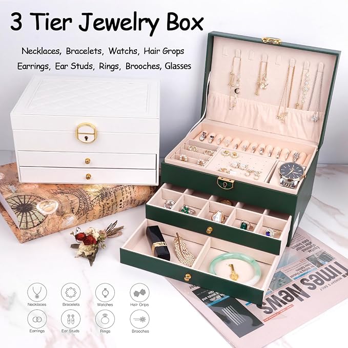 Jewelry Organizer Box PU Leather Double-Layer Pull-Out Drawer & Multiple Compartments - Premium Jewelry Storage for Necklaces, Rings, Bracelets - Nice Christmas Gift for Women, Men