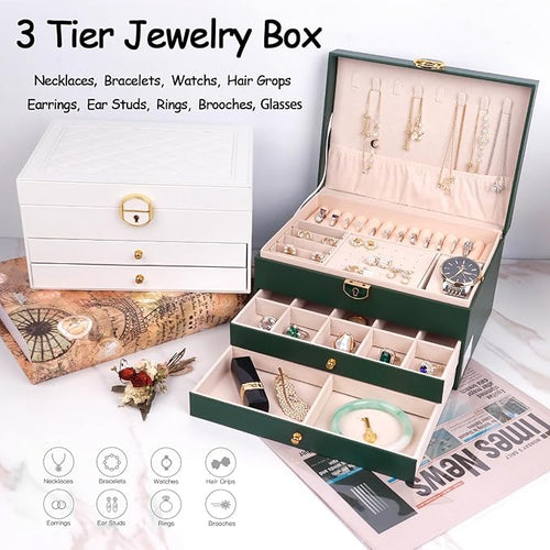 3 Layer Jewelry Organizer Box with Drawers, Lockable PU Leather Jewelry Storage Case for Necklace Earring Ring Bracelet Watch, White