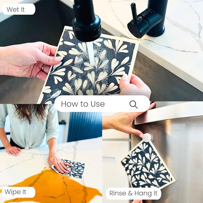 Harps&Seb Swedish Dishcloths for Kitchen Dishcloths - 6 Pack, Reusable Paper Towels with Clips, Super Absorbent Washable Non-Scratch Swedish Dish Towels, No Odor, Biodegradable