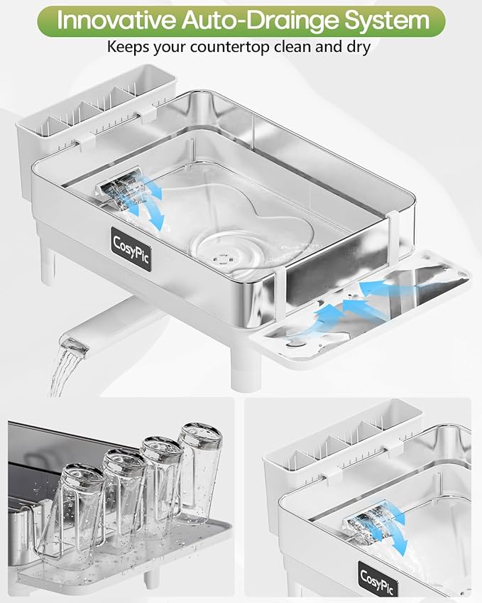 CosyPic Dish Racks, Thicker Premium 304 Stainless Steel Dish Drying Rack for Kitchen Counter, Automatic Drainage Spout, Dish Drainer & Drainboard Set with Utensil Holder and Cup Holder, White