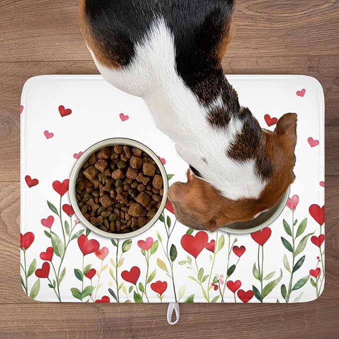 Valentines Day Dish Drying Mat for Kitchen Counter 24x18 Inch Green Red Heart Drying Mat with Absorbent Reversible Microfiber Holiday Love Dish Drainer Mats Rack Pad for Coffee Countertop Protector