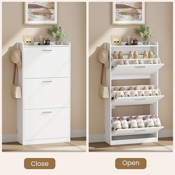 Shoe Cabinet Organizer with 3 Flip Drawers & 3-Tier Adjustable Shelves, Freestanding Shoe Rack Cabinet, Narrow Shoe Storage for Entryway, Foyer, Hallway, White, 23.6" W × 9.4" D × 47.2" H