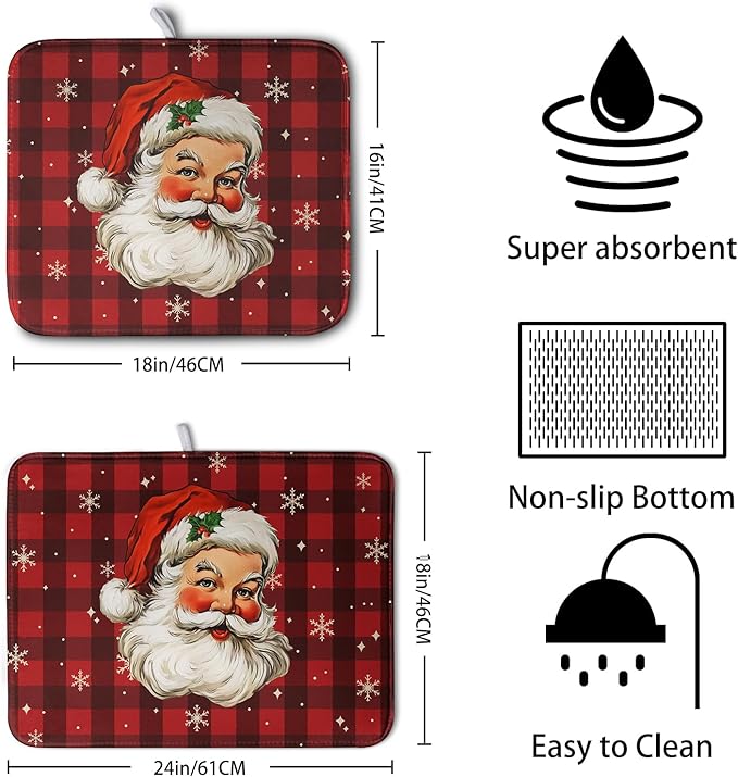 Kwlegh Santa Claus Christmas Dish Drying Mat Xmas Red and Black Buffalo Plaid Snowflake Drying Mats Winter Holiday Dishes Drying Pad Microfiber Absorbent Dish Drainer Rack Mat 16x18 Inch