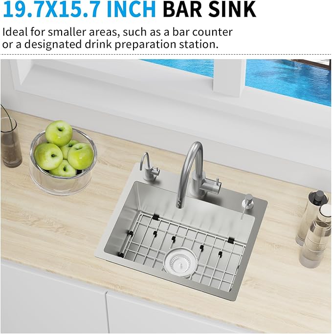 Kitchen & Bar Sink,19.7x15.7Inch Stainless Steel Drop In Small Kitchen&Bar Sink Ideal Choice For Small Space With Bottom Grid,Drain Basket And Drain Assembly Serve Both Kitchen&Bar