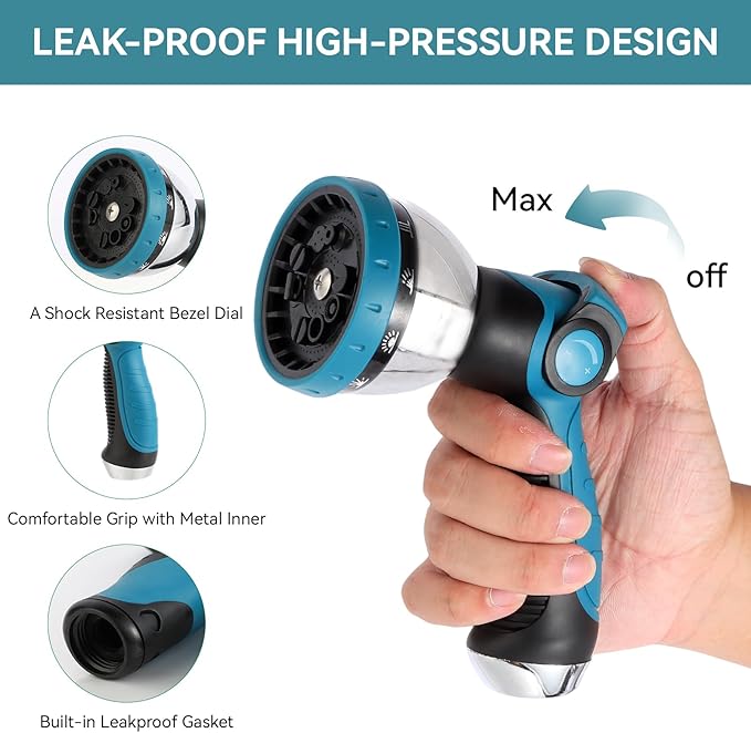AnyEasy Garden Water Hose Nozzle Metal Heavy Duty Sprayer Thumb Control with 10 Spray Modes Suitable for Watering Plants, Iawn and Garden, Car Washing, Cleaning, Showering Pets and Outdoor Fun, Blue