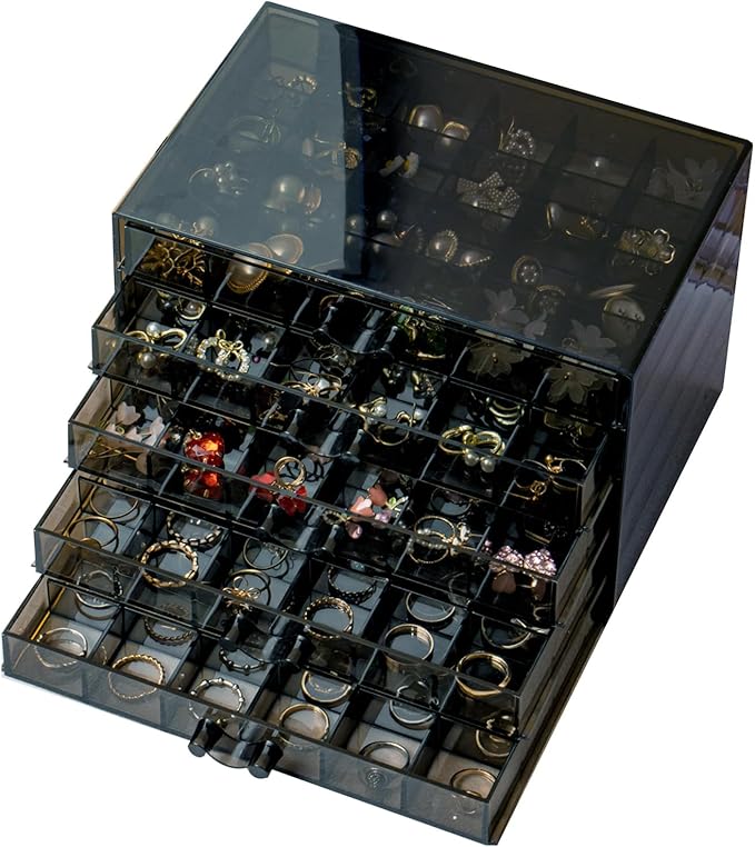 SPAKOWN Earring Organizer, Acrylic Jewelry Holder Organizer with 5 Drawers Stackable Earring Storage Case Jewelry Boxes for Women (Gray)