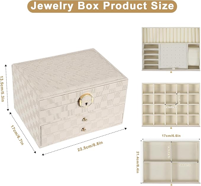 GUOER Jewelry Box for Women Girl Wife - Large PU Leather Jewelry Organizer Storage Case with 3 Layers Display for Earrings Bracelets Rings Watches (Light Khaki)