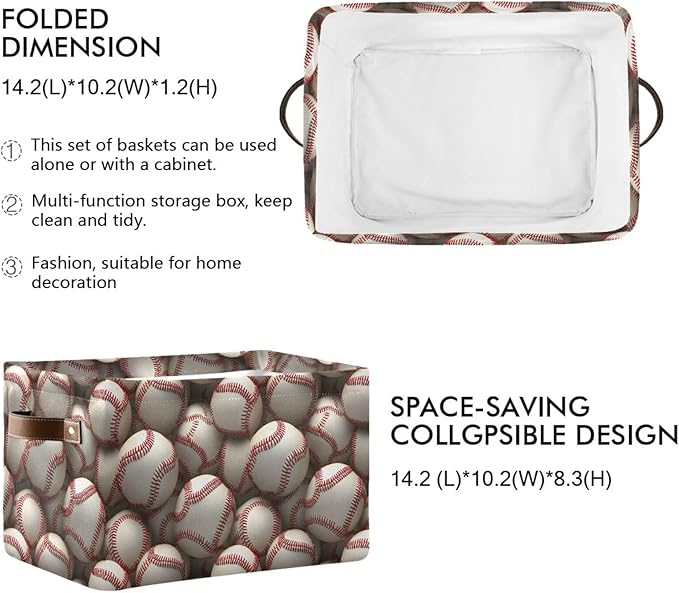 ALAZA Baseball 3D White Foldable Storage Box Storage Basket Organizer Bins with Handles for Shelf Closet Living Room Bedroom Home Office 2 Pack