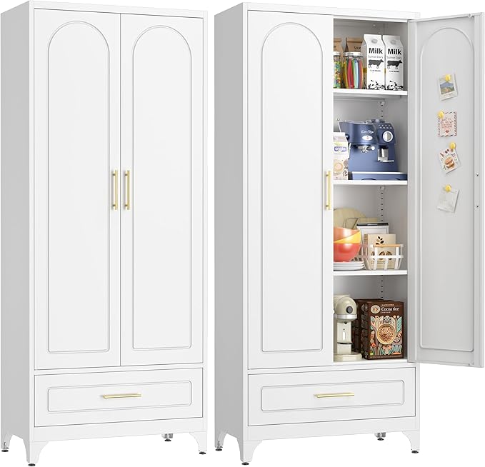 Pantry Kitchen Cabinet with Drawer, 75" Tall Pantry Storage Cabinet, Metal Storage Cabinets with Doors and Shelves, Large Freestanding Cupboard for Dining Room, Assembly Required, White