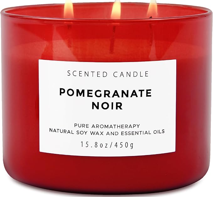 Large 3 Wick Scented Candle 15.8oz | Pomegranate Noir Sweet Fruity Vanilla Candle | Ruby Red Jar Candle | Aromatherapy Stress Relief | Luxury Gift for Women & Men