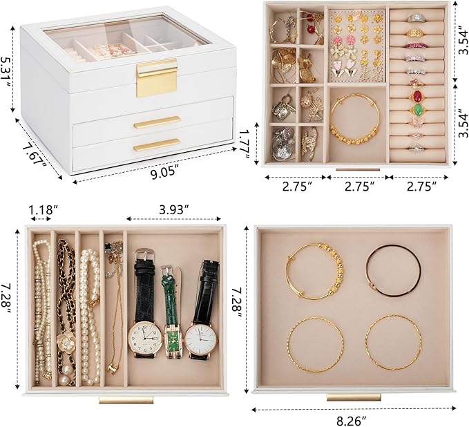 3-Layer Jewelry Box for Women, Jewelry Organizer with Glass Lid and Drawers, Jewelry Organizers and Storage for Necklaces, Rings, Earrings, Bracelets - White/Green/Black.