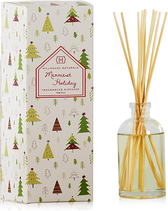 Hillhouse Naturals Reed Diffuser Set - Merriest Holiday Scent Diffuser - Reed Diffusers for Home with Long Lasting Fragrance – 6 oz Oil – Diffuse Time 4-6 Months – Made in The USA
