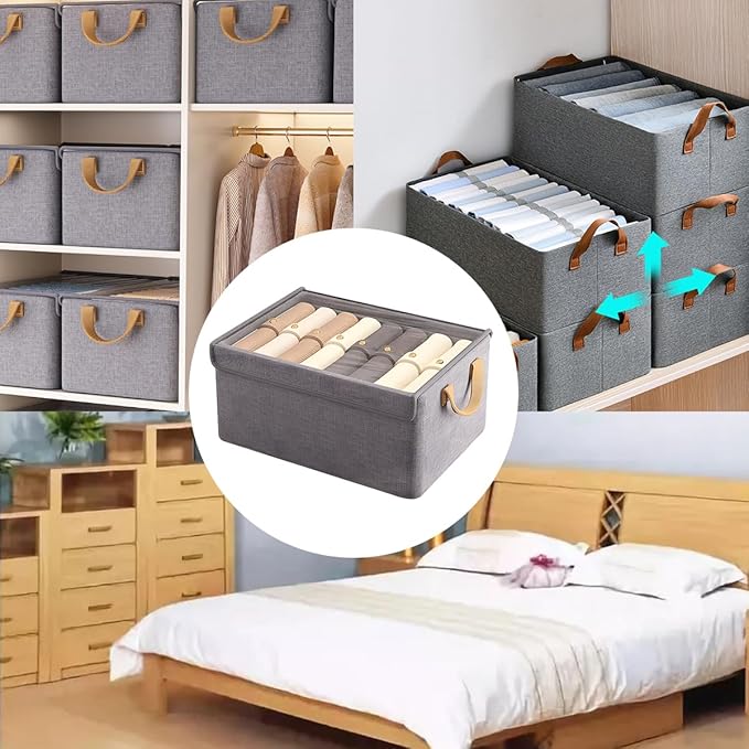 4PCS Foldable Storage Box with Lid - Extra Large Fabric Closet Organizer for Clothes, 18.5x11x7.9 Inch Canvas Bin, Collapsible Design for Bedroom, Shelf, Closet, Underbed (Grey)
