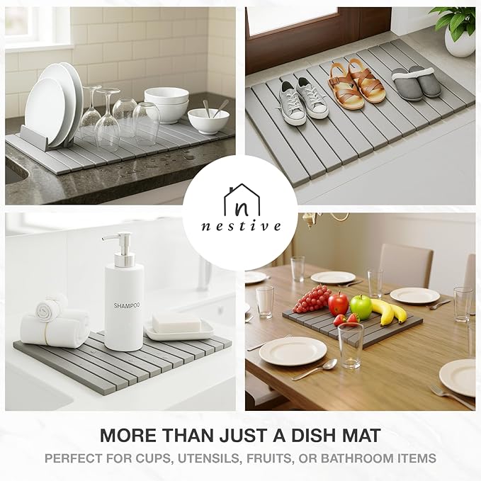 Large Stone Dish Drying Mat for Kitchen Counter, 24"x16", Fast Drying Collapsible, Diatomaceous Earth Mat, Super Absorbent Folding Mat for Dishes, Bottles, Glass, Heat-Resistant, Non-Slip (Light Gray)