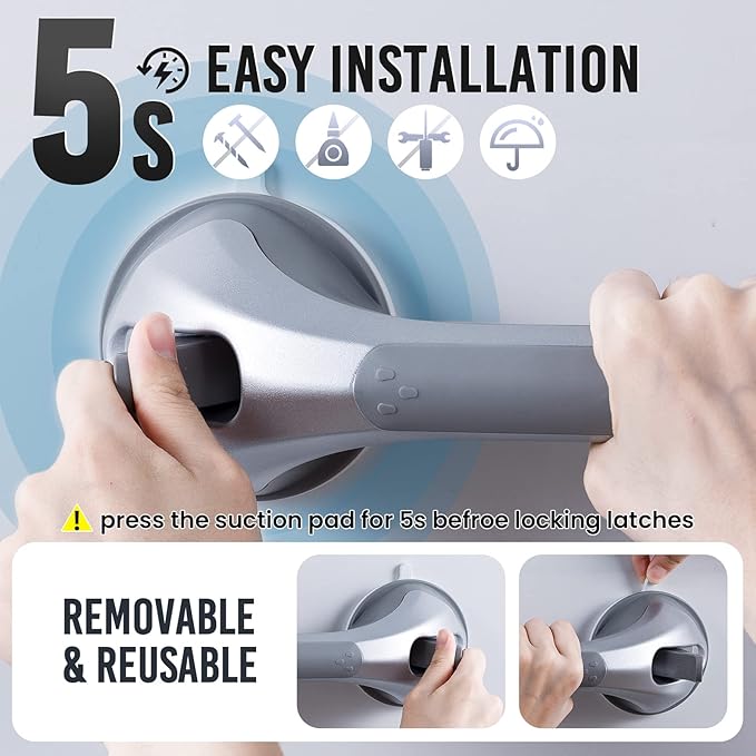 TAILI Shower Grab Bar 2 Pack 16 Inch Suction Grab Bars for Bathtubs & Showers, Heavy Duty Shower Handle Removable Shower Handrails for Elderly and Seniors, No Drilling Waterproof, Silver