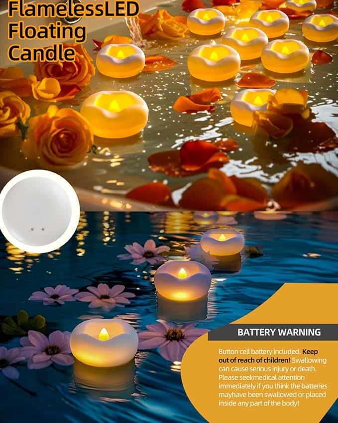 36 x 2”Floating Candle, 200 Hour Water Activated Warm White Battery Powered Flameless LED Floating Candle Floating for centerpieces/Bathtub/Fountain/Pool