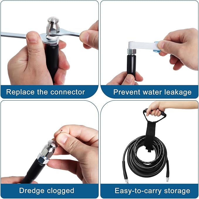 Zejoot 50FT Sewer Jetter Kit for Pressure Washer, 5800PSI Drain Cleaner Hose 1/4 Inch NPT Corner with 4 Sewer Jetting Nozzles，Waterproof Tape，Pearl Corsage Pin，Handle Strap & 2 Spanners (Black)