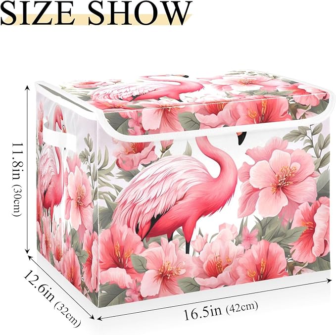 Bolaz Storage Bins with Lids and Handles,Pink Flamingo Storage Box Storage Basket with Cover Collapsible Organizer Containers for Home Closet, Shelves