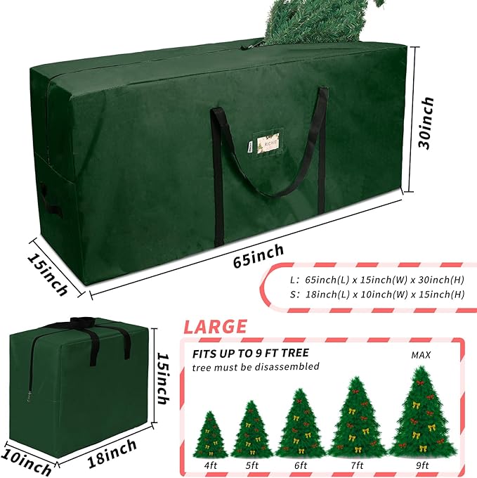 Christmas Tree Storage Bag 9 ft (3pc Set), Fits Up to 9 Foot Artificial Trees, 600D Oxford Tear-proof Xmas Tree Bag, Reinforced Handles&Zippered&Durable, Holiday Decoration Storage Bags, Green