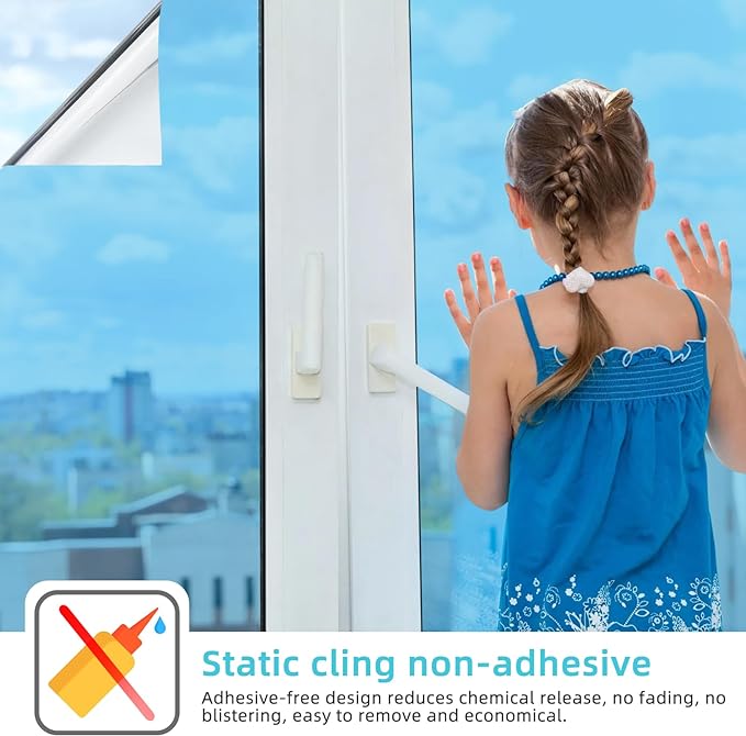 Filmgoo Window Privacy Film One Way Daytime Mirror Tint Treatments UV Heat Control Vinyl Stickers Sun Block Glass Paper Door Covering Reflective (Light Blue Silver, 17.5 Inch x 7.8 Feet)