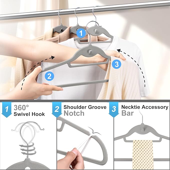 UEAKPIC Velvet Felt Stackable Hangers 50 Pack, Non Slip, with 360° Swivel Hook, Ultra Thin and Space Saving for Suits, Shirts, Coats, 15Lbs Capacity Heavy Duty, Gray