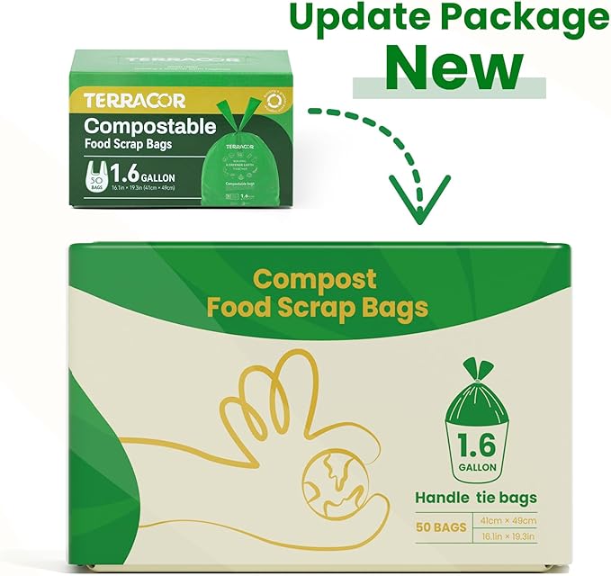 TERRACOR 1.6 Gallon Compostable Food Scrap Bags Handle Tie for Kitchen Countertop Bin, 6 Liter Small Compost Bags, 100 Count (Pack of 2), BPI Certified and Meet The ASTM D6400 Standard